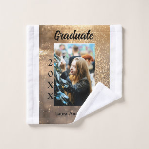 Gold glitter photo graduation add name class text wash cloth