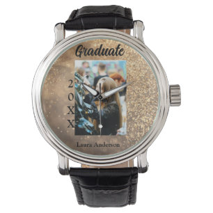 Gold glitter photo graduation add name class text watch