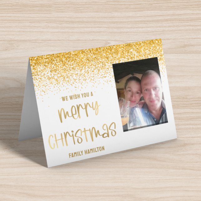 Gold Glitter Photo Horizontal Christmas Folded Holiday Card (Creator Uploaded)