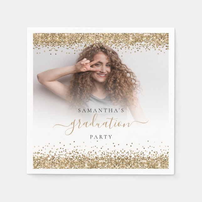 Gold Glitter Photo Name Graduation 2024 Party Napkin (Front)