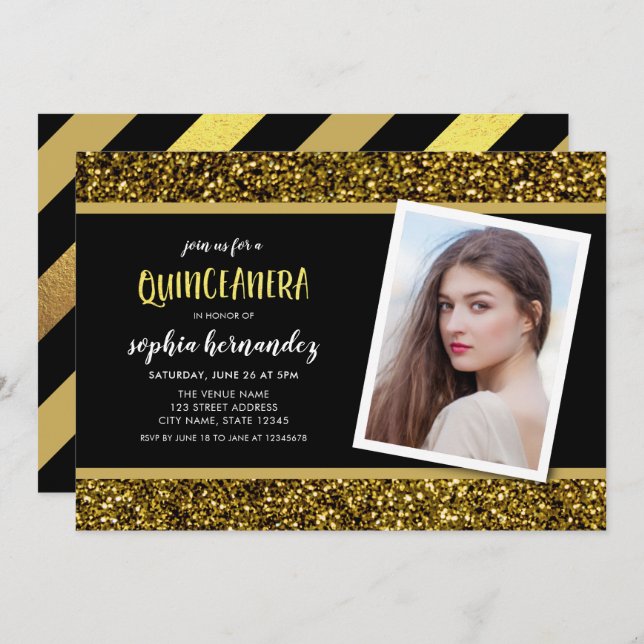 Gold Glitter Photo Quinceanera Invitation (Front/Back)
