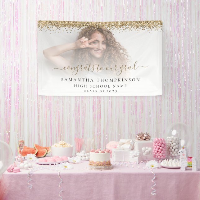 Gold Glitter Photo Script 2024 Graduation Banner (Party)