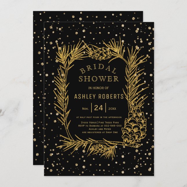 Gold glitter pine black winter bridal shower invitation (Front/Back)