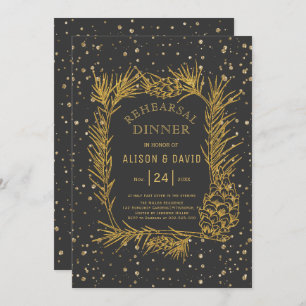 Gold glitter pine charcoal grey rehearsal dinner invitation