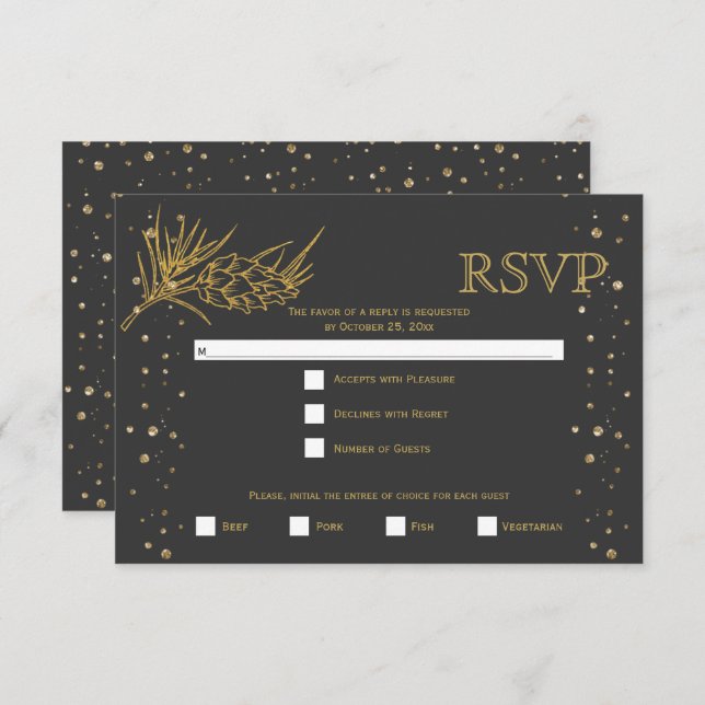 Gold glitter pine, charcoal grey winter wedding RSVP card (Front/Back)