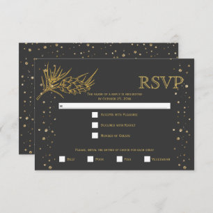 Gold glitter pine, charcoal grey winter wedding RSVP card