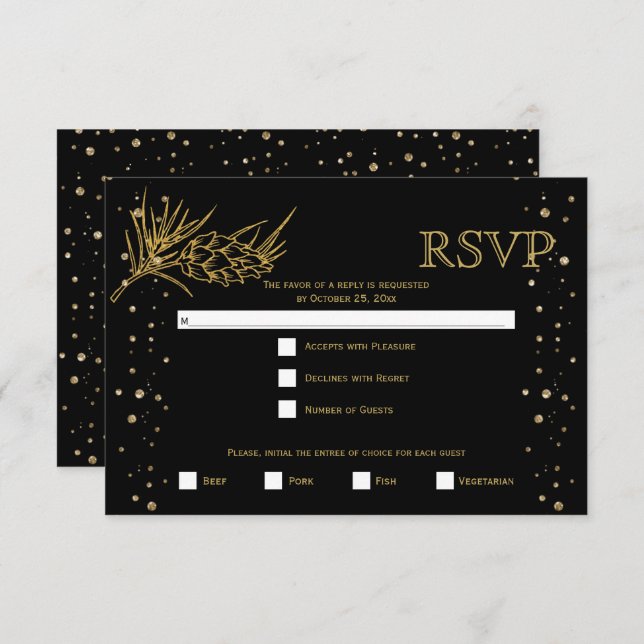 Gold glitter pine, confetti black winter wedding RSVP card (Front/Back)