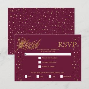 Gold glitter pine confetti burgundy winter wedding RSVP card