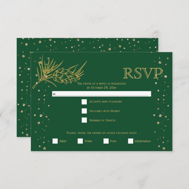 Gold glitter pine, confetti green winter wedding RSVP card (Front/Back)