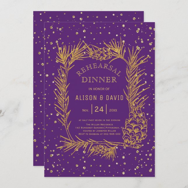 Gold glitter pine confetti purple rehearsal dinner invitation (Front/Back)