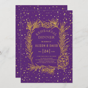 Gold glitter pine confetti purple rehearsal dinner invitation