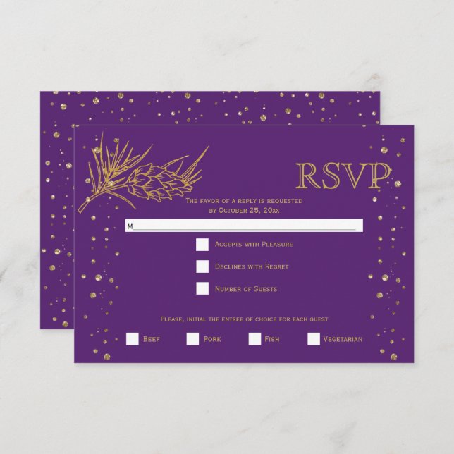 Gold glitter pine confetti purple winter wedding RSVP card (Front/Back)
