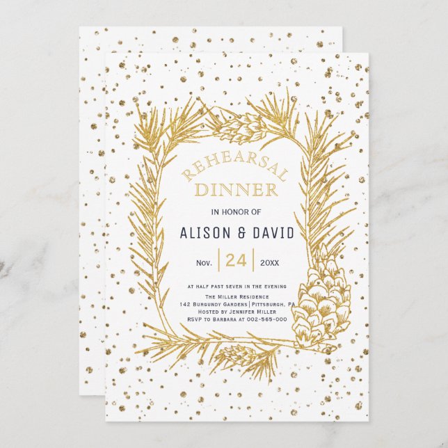 Gold glitter pine confetti winter rehearsal dinner invitation (Front/Back)