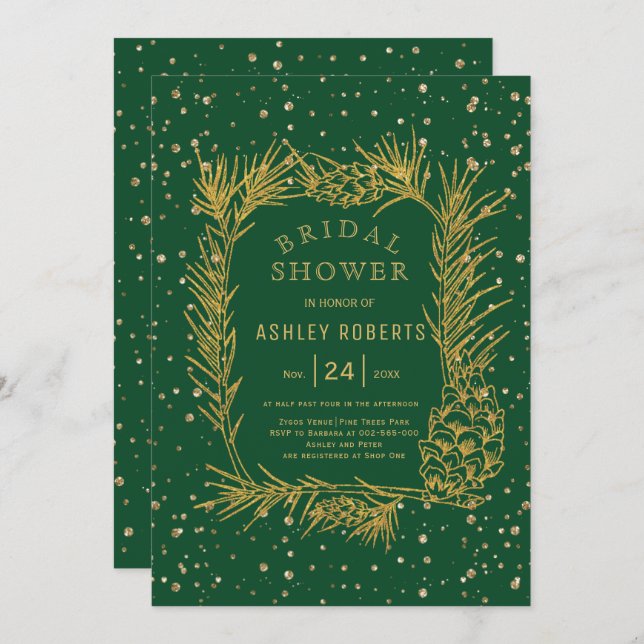 Gold glitter pine emerald green bridal shower invitation (Front/Back)