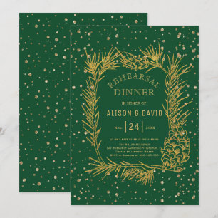 Gold glitter pine emerald green rehearsal dinner invitation