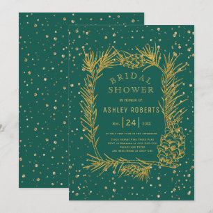 Gold glitter pine evergreen winter bridal shower invitation