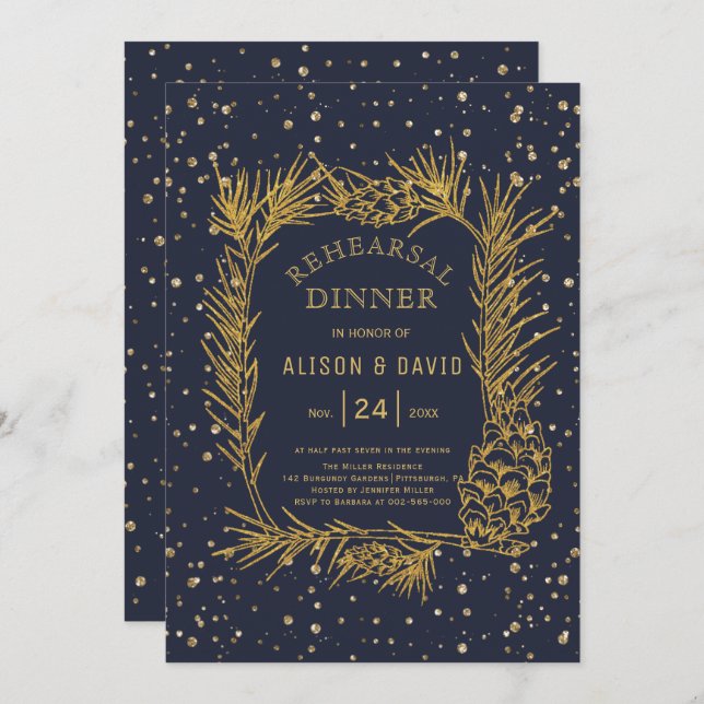 Gold glitter pine midnight blue rehearsal dinner invitation (Front/Back)