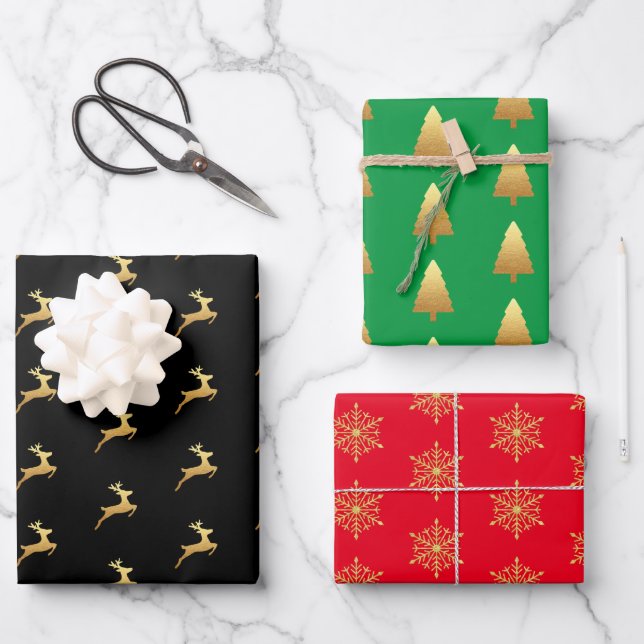 Gold Glitter Pine Tree Reindeer Snowflakes Festive Wrapping Paper Sheet (Front)