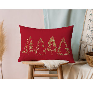 Gold Glitter Pine Trees, Christmas Red, Lumbar Cushion