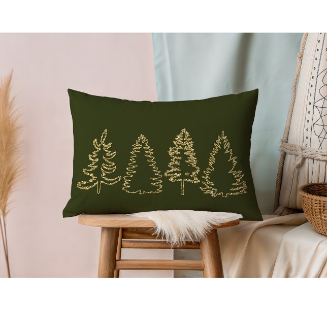 Gold Glitter Pine Trees, Ebony Green, Lumbar Cushion (Gold Pine Trees I Ebony Green Lumbar Pillow)
