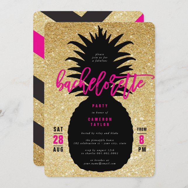 Gold Glitter Pineapple Bachelorette Party Invite (Front/Back)