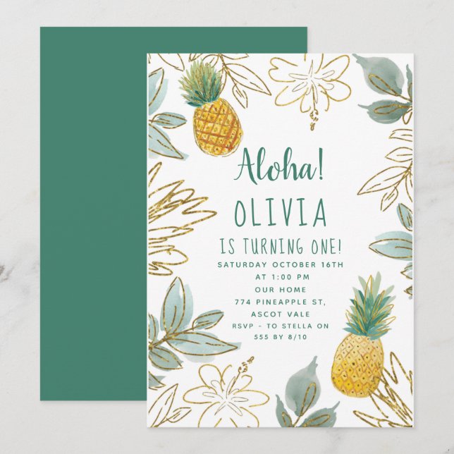 Gold Glitter Pineapple Birthday Party Invitation (Front/Back)