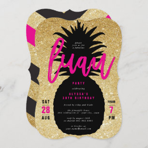 Gold Glitter Pineapple Luau Birthday Party Invite