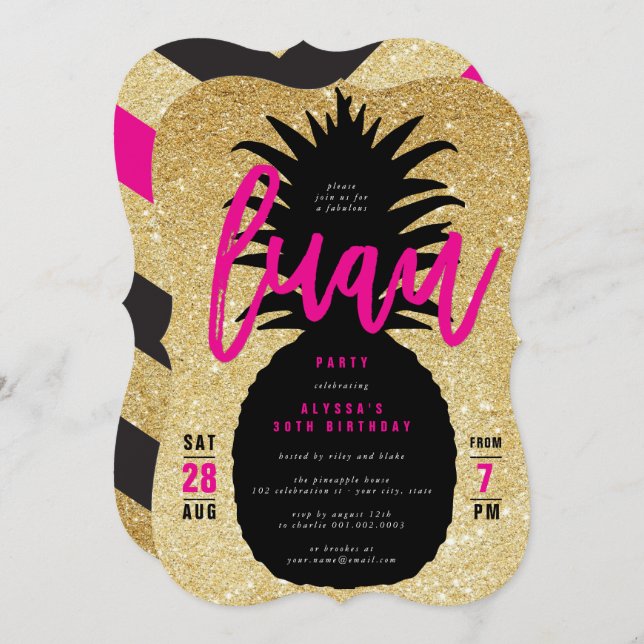 Gold Glitter Pineapple Luau Birthday Party Invite (Front/Back)