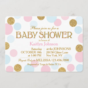 Gold Glitter Pink Baby Blue Dots Baby Shower Invitation