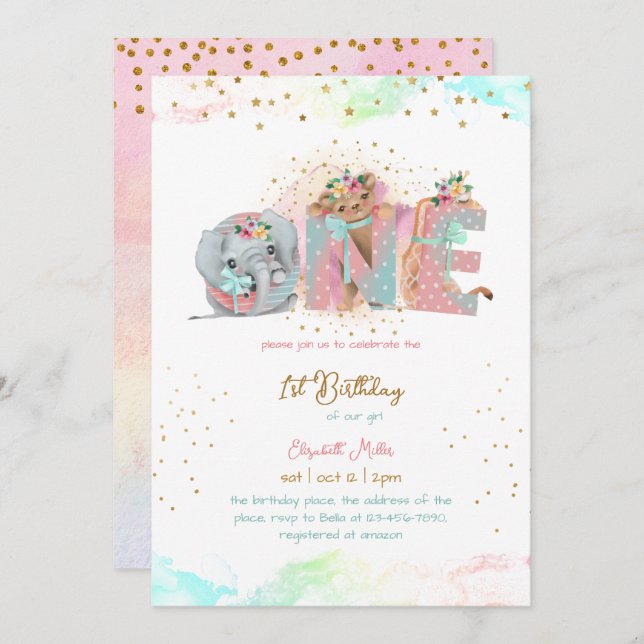 Gold Glitter Pink Blue Baby Girl First Birthday Invitation (Front/Back)