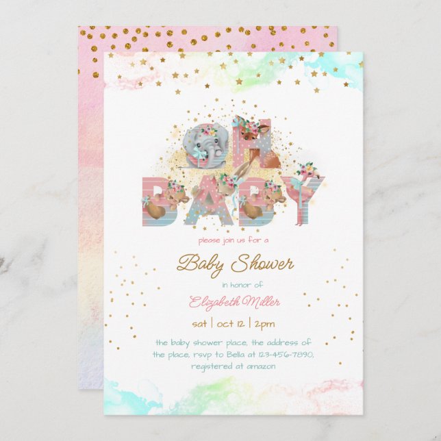 Gold Glitter Pink Blue Lovely Girl Baby Shower Invitation (Front/Back)