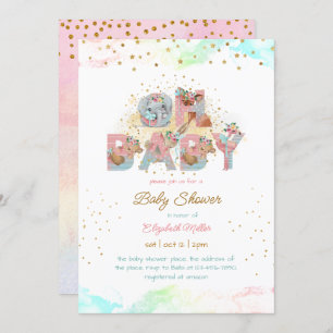 Gold Glitter Pink Blue Lovely Girl Baby Shower Invitation