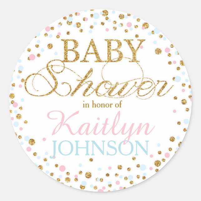 Gold Glitter Pink Blue Twins Baby Shower Label (Front)