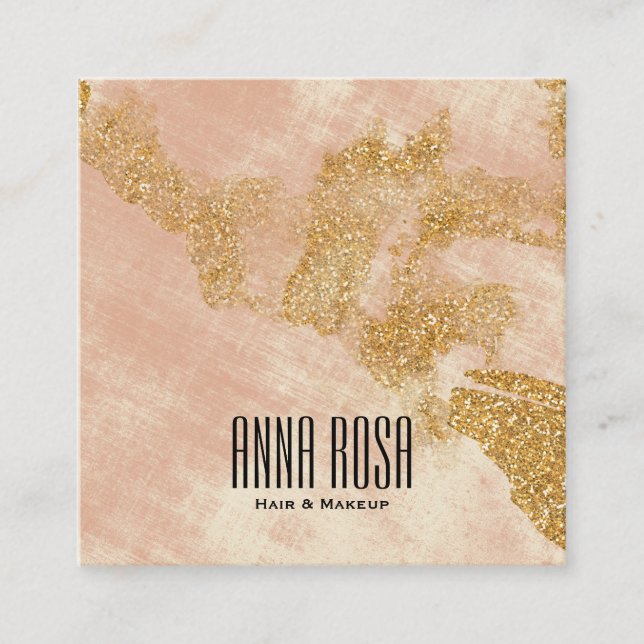 *~* Gold Glitter Pink Blush Watercolor Girly Square Business Card (Front)