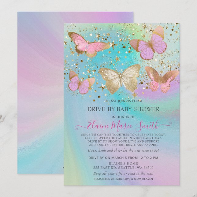 Gold Glitter Pink Butterflies Drive By Baby Shower Invitation (Front/Back)