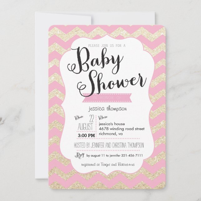 Gold Glitter & Pink Chevron Baby Shower Invite (Front)