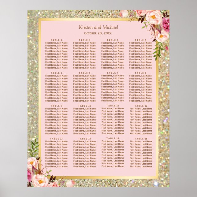 Gold Glitter Pink Floral 16 Tables Seating Chart (Front)