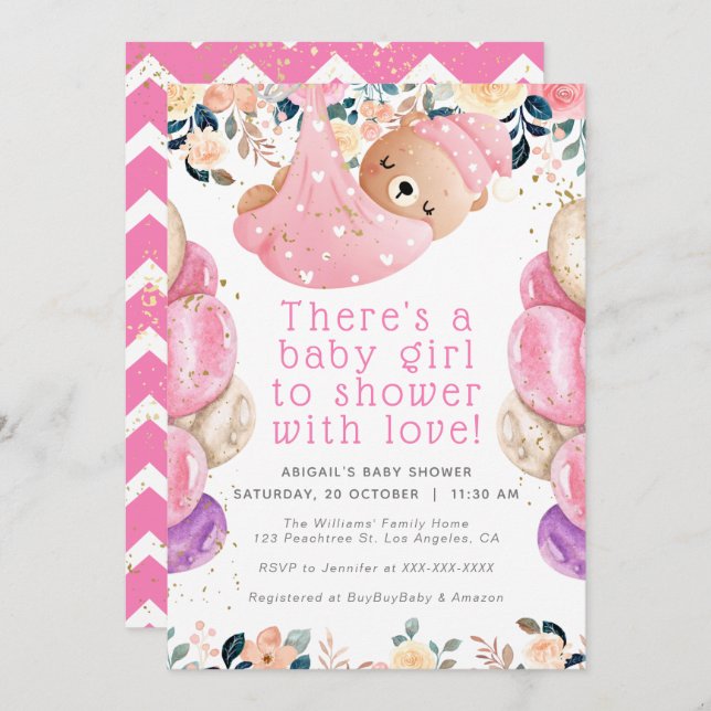 Gold Glitter Pink Floral Bear Girl Baby Shower Invitation (Front/Back)