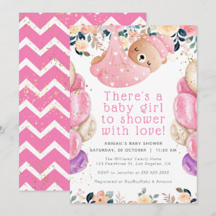 Gold Glitter Pink Floral Bear Girl Baby Shower Invitation