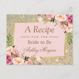 Gold Glitter Pink Floral Bridal Shower Recipe Card