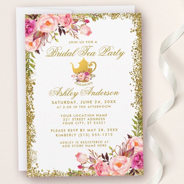 Gold Glitter Pink Floral Bridal Tea Party Invite (Customize to change text color, size or text style.)
