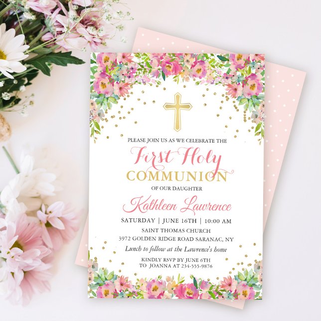 Gold Glitter Pink Floral First Holy Communion Invitation (Creator Uploaded)