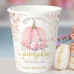 Gold Glitter Pink Floral Girl Pumpkin 2nd Birthday Paper Cups