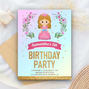 Gold Glitter Pink Floral Princess Birthday Party Invitation Postcard