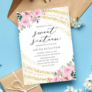 Gold Glitter Pink Floral Sweet Sixteen 16 Birthday Invitation