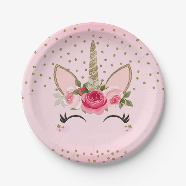Gold Glitter & Pink Floral Unicorn Birthday Party Paper Plate (Front)