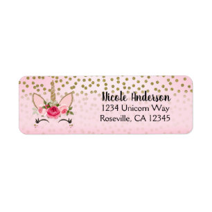 Gold Glitter & Pink Floral Unicorn Birthday Party Return Address Label