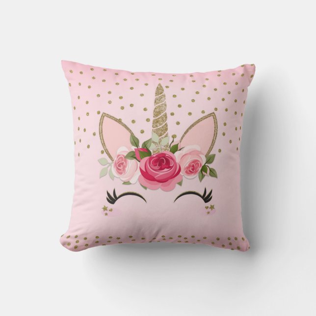 Gold Glitter & Pink Floral Unicorn Cushion (Front)