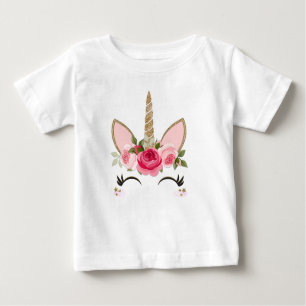 Gold Glitter & Pink Floral Unicorn Trendy Baby T-Shirt