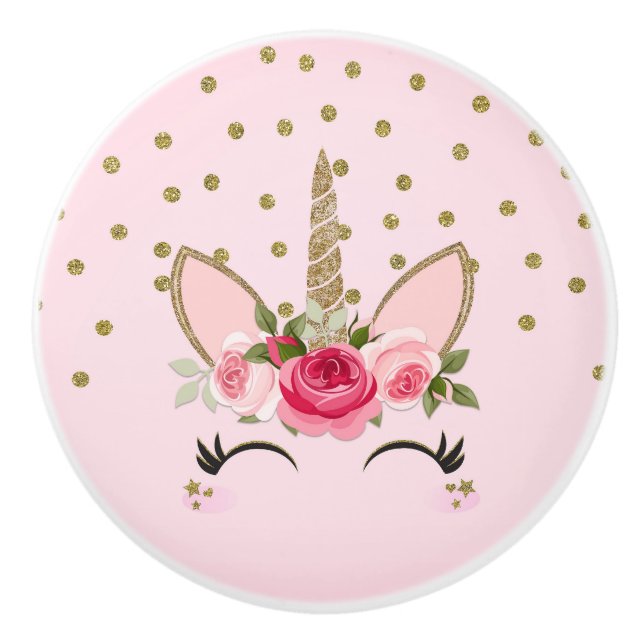 Gold Glitter & Pink Floral Unicorn Trendy Ceramic Knob (Front)